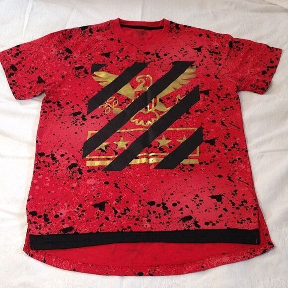 Y2K Encrypted Red Black Paint Splatter Metallic Eagle Print Shirt Men's XL - Picture 1 of 11
